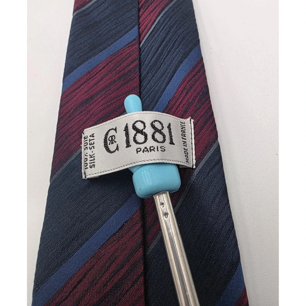 Cerruti 1881 Paris Men's Silk Tie Navy Burgundy Blue Striped Made in France